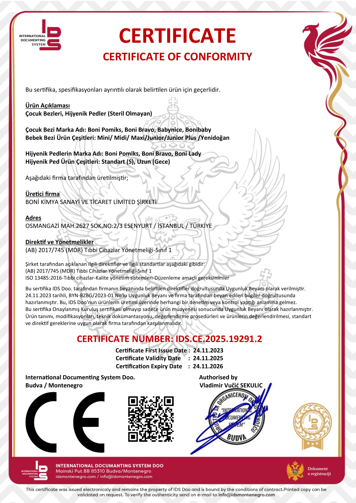 CE Bebek Bezi TR Certificate