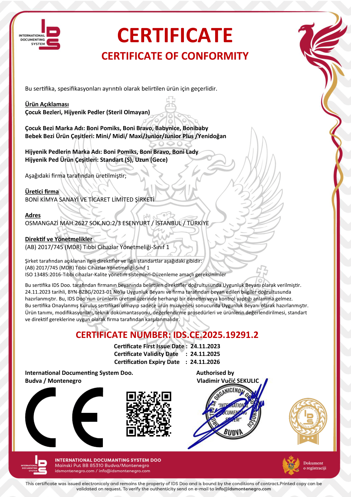 CE Bebek Bezi TR Certificate