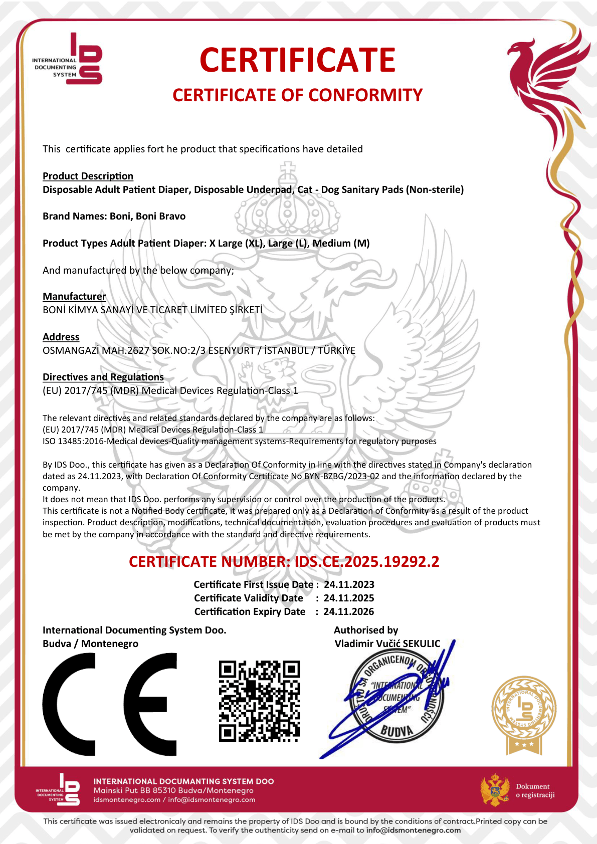 CE Adult Diaper ENG Certificate