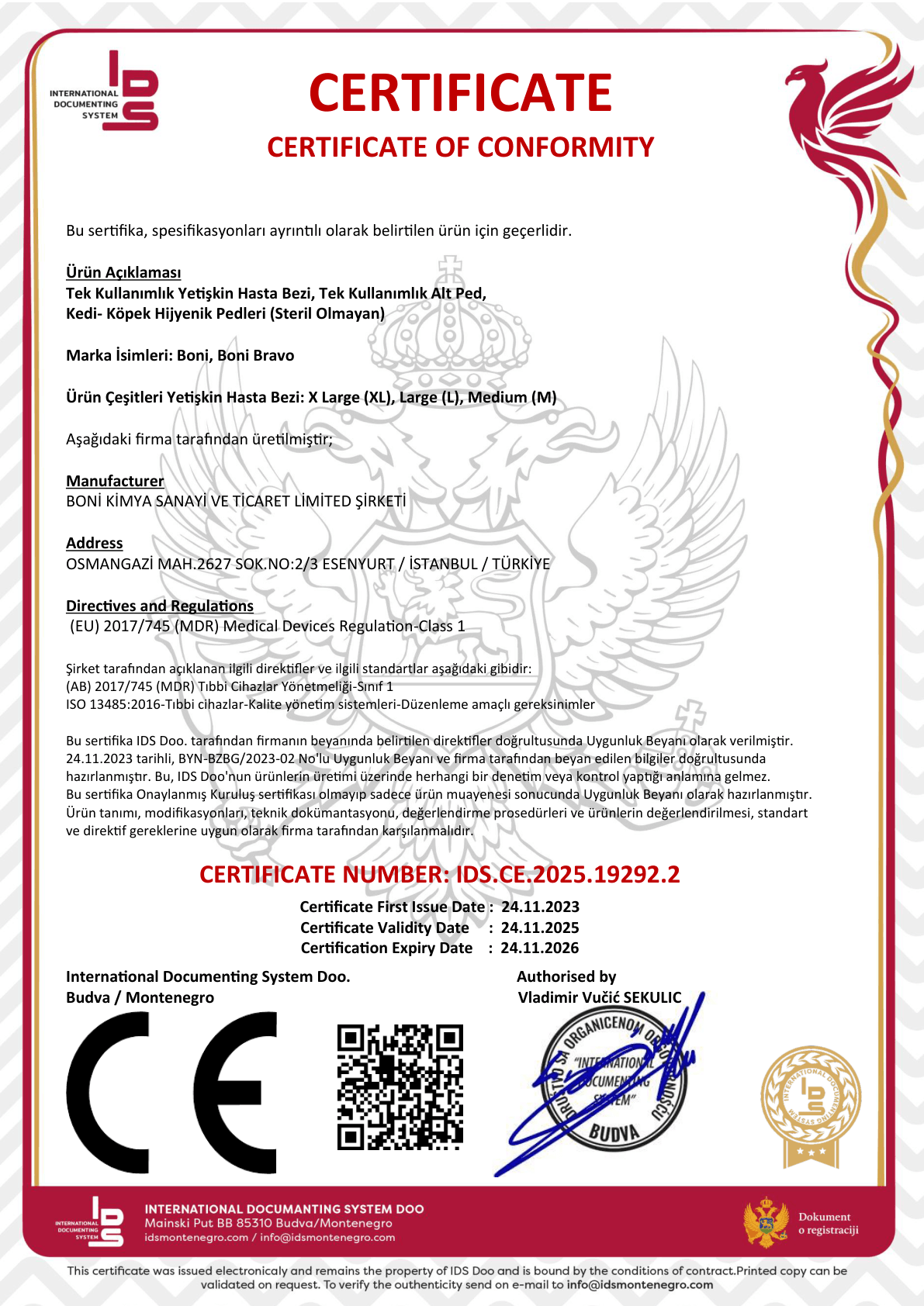 CE Yetiskin Hasta Bezi TR Certificate